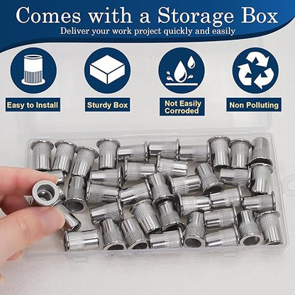 80Pcs M6 Rivet Nuts, 304 Stainless Steel Flat Head Rivnut Threaded Insert Nutsert