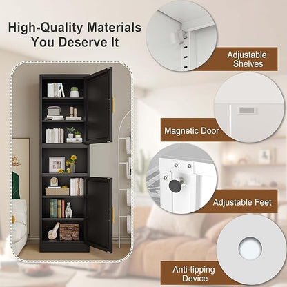 67" Tall Narrow Storage Cabinet Metal Bathroom Cabinet with 2 Doors & 4 Adjustable Shelves, Standing Pantry Cabinets Cupboard for Kitchen, Dining Room, Living Room and Bathroom (Black)