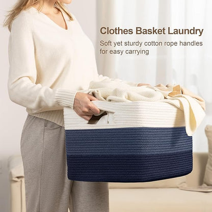 45L Small Laundry Basket with Leather Handles for Living Room Storage, Woven Rope Baskets Bin for Blanket, Kids Toy, Gifts, Wicker Hamper for Bedroom Dirty Clothes, 18"x14"x11" Gradient Blue