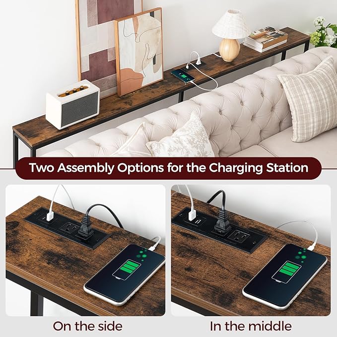 78.7" Console Table with Power Outlet, Narrow Sofa Table, Industrial Entryway Table with USB Ports, Behind Couch for Entryway, Hallway, Foyer, Living Room, Rustic Brown CTHR20E01