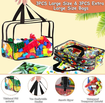 6 Packs Large Toy Storage Bags with Labels, Reusable Clear PVC Board Game Storage, Travel Waterproof Organizer Bags with Zipper for Building Blocks, Puzzle, Kids Books(3 large & 3 Extra Large)