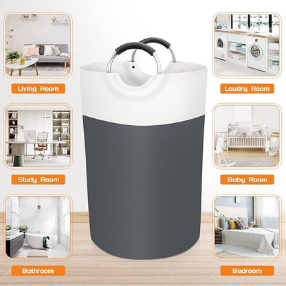 BlissTotes 75L Laundry Basket, Freestanding Laundry Hamper, Collapsible Dirty Clothes Hamper, Waterproof Fabric with Foam Protected Aluminum Handles for College, Dorm, Family (Gray)