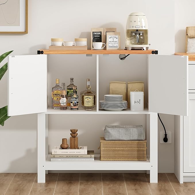 Entryway Console Table with Power Outlets and USB Port, Coffee Bar Cabinet with Doors, Farmhouse Kitchen Cabinets Sofa Table with Storage for Hallway, Foyer, Living Room, Pale Walnut Panel