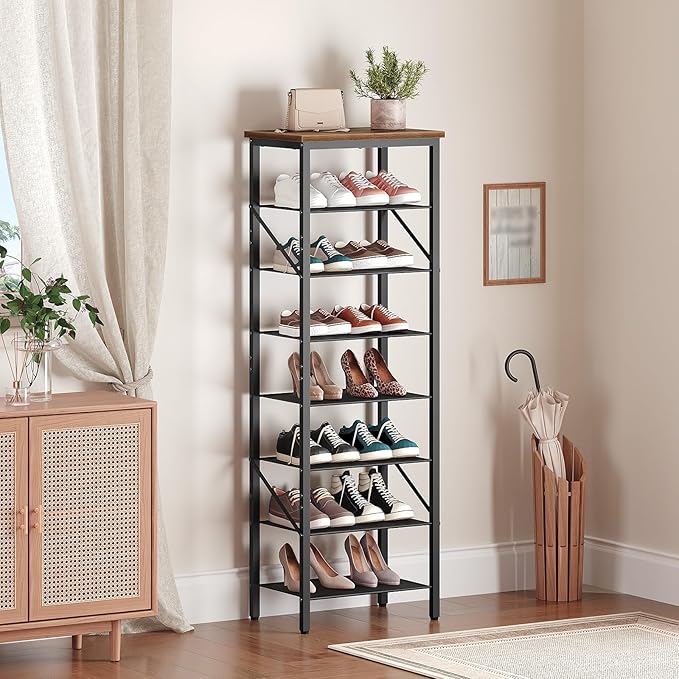 8-Tier Narrow Shoe Rack, Vertical Shoe Storage Organizer, for 12-24 Pairs, Shoe Shelf with Metal Frame, for Hallway, Entryway, Living Room, Rustic Brown and Black SRHR08401