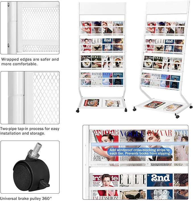 4-Tier Rolling Magazine Rack, Floor Standing Brochure & Literature Display Stand, 23.4" Wide, White