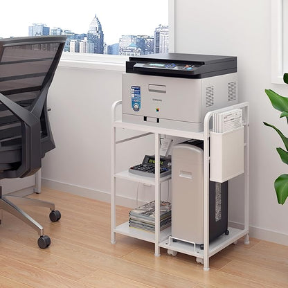 Home Printer Stand with Charging Station, 24x18 Inches Stands for Large Printer, Printer Shredder Stand with Storage for Home Office, Table for Fax Machine/PC Tower (White)
