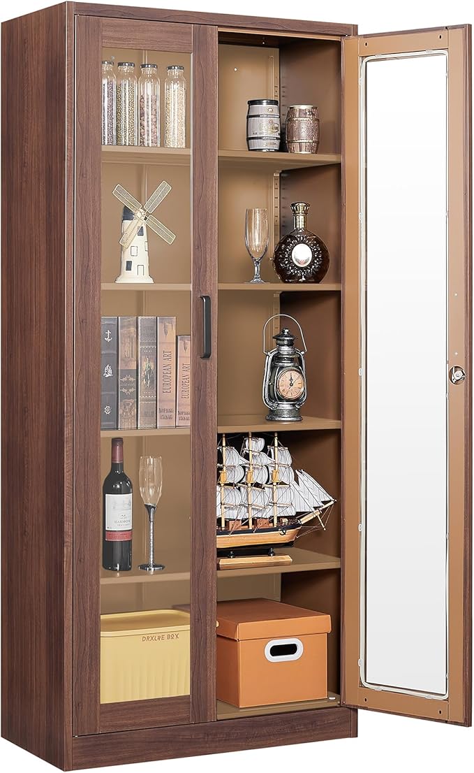 Glass Display Cabinet,Metal Storage Cabinet with Doors and 4 Adjustable Shelves,Lockable Glass Display Case for Home,Office and Exhibition Hall (Rustic Brown)