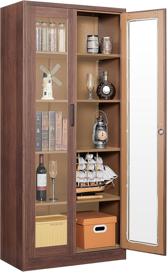 Glass Display Cabinet,Metal Storage Cabinet with Doors and 4 Adjustable Shelves,Lockable Glass Display Case for Home,Office and Exhibition Hall (Rustic Brown)