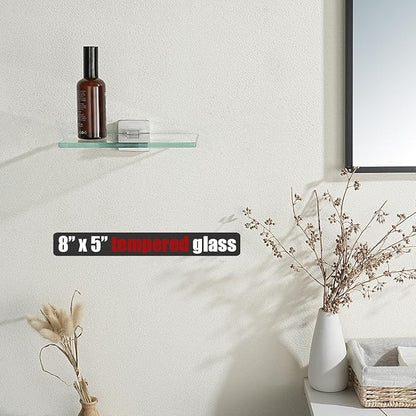 JQK Bathroom Glass Shelf, Tempered Glass Shower Storage 8 by 5 inches, 304 Stainless Steel Brushed Finish Wall Mount, TGS201L8-BN