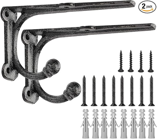 Shelf Brackets with Hooks 6 Inch, Heavy Duty Floating Shelf Bracket, Cast Iron Shelving Brackets for DIY Wall Shelves, Rustic Shelf Brackets, 2 Pack