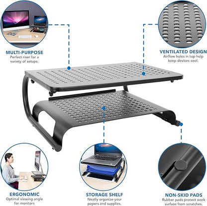 Mount-It! 2 Tier Desk Organizer Riser | Computer Monitor Stand with Keyboard Storage Shelf for Desktops, Laptops, Printers, Home Office Space Saver (2 Shelves)