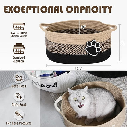 Sea Team Pet Toy Storage Basket with Handles, 16.5 x 11 x 7 Inches, 4.4 Gallons Large Cotton Rope Storage Bin, Shelf Basket, Organizer for Cat, Dog Chew Toys, Foods, Flaxen & Black Paws