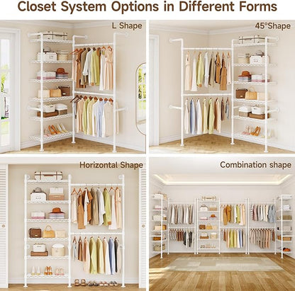 L2 Wall Mounted Closet System, Industrial Pipe Clothing Rack Clothes Racks with 2 Telescopic Rod & 6 Shelves, Heavy Duty Closet Organizers System in Wardrobe Closet, White