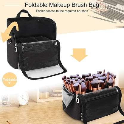 TANTO Makeup Brush Bag, Makeup Brush Holder Travel Extra Large Make up Brush Organizer Case Stand-up Makeup Cup Foldable Pro Cosmetic Artist Storage Bags with Adjustable Divide (01A-Black,X Large)
