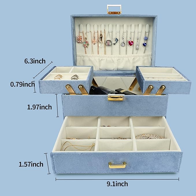 Dajasan Jewelry Organizer Box, Large Jewelry Boxes for Women Girls, Compact 3 Layers Jewelry Storage Case with Drawer, Gift Idea for Christmas, Valentine's Day, Birthday, Mother's Day (Blue)