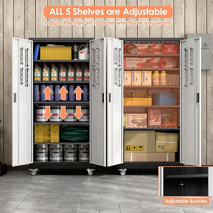 Aobabo 71" H×32" W×16" D Metal Storage Cabinet with Wheels, Garage Steel Storage Cabinet with 5 Adjustable Shelves and 4 Hooks for Home Office,Kitchen, Black Silver,Assembly Required