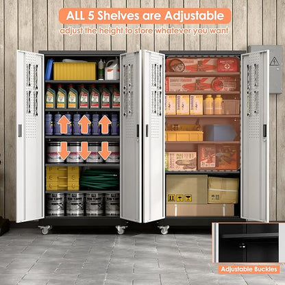 Aobabo 71" H×32" W×16" D Metal Storage Cabinet with Wheels, Garage Steel Storage Cabinet with 5 Adjustable Shelves and 4 Hooks for Home Office,Kitchen, Black Silver,Assembly Required
