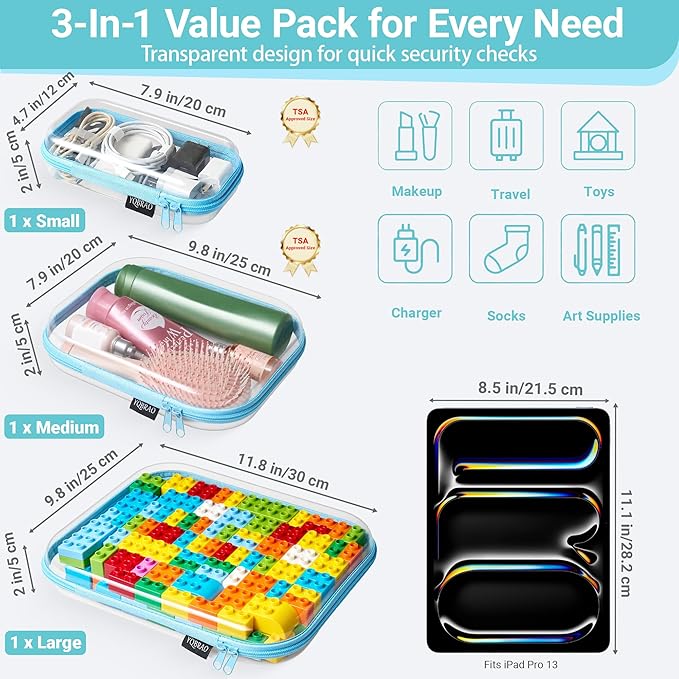 3 Pack Hard Sided Clear Zipper Case for Storage- Thickened-Grade Clear Hard Shell Zipper Case for Organizing Bead, Handicrafts, Sewing, Playdo (Blue, LMS)