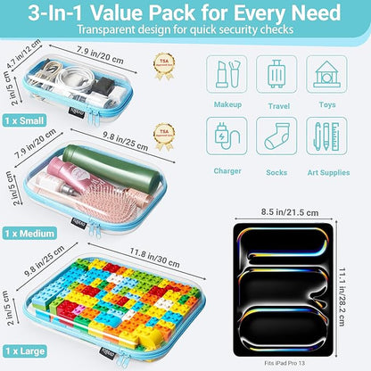 3 Pack Hard Sided Clear Zipper Case for Storage- Thickened-Grade Clear Hard Shell Zipper Case for Organizing Bead, Handicrafts, Sewing, Playdo (Blue, LMS)