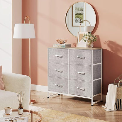 WLIVE Fabric Dresser for Bedroom, 6 Drawer Double Dresser, Closet Dresser with Fabric Bins, Chest of Drawers for Closet, Living Room, Hallway, Light Grey