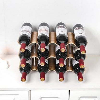 Countertop Wine Rack - 12 Bottle Freestanding Wine Bottle Holder Stand - 3 Tier Wooden Wine Storage Rack - Wavy Wine Organizer for Cabinet Pantry Home Kitchen Bar