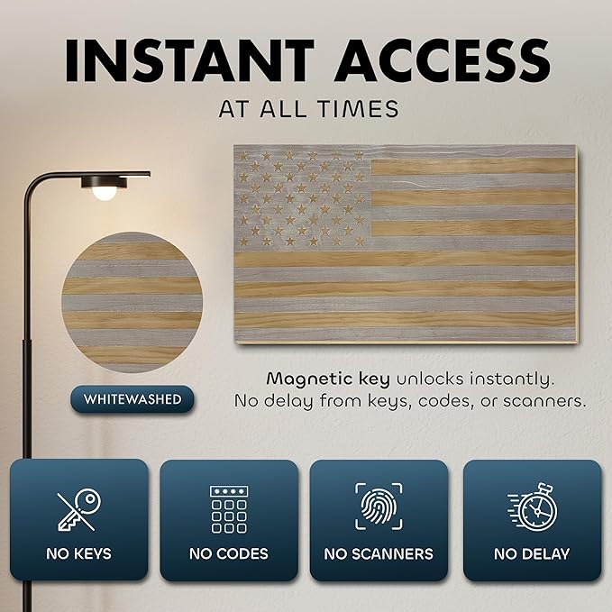 American Flag Hidden Gun Safe - Quick Access Hidden Gun Shelf - Concealment Shelf with Magnetic Lock - Wall Gun Safe for Secure Firearm Storage - Handcrafted In USA by Bellewood Designs (Whitewashed)