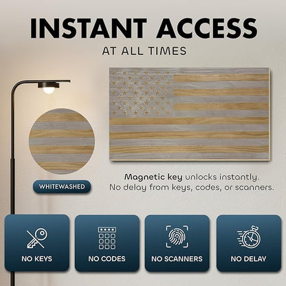 American Flag Hidden Gun Safe - Quick Access Hidden Gun Shelf - Concealment Shelf with Magnetic Lock - Wall Gun Safe for Secure Firearm Storage - Handcrafted In USA by Bellewood Designs (Whitewashed)