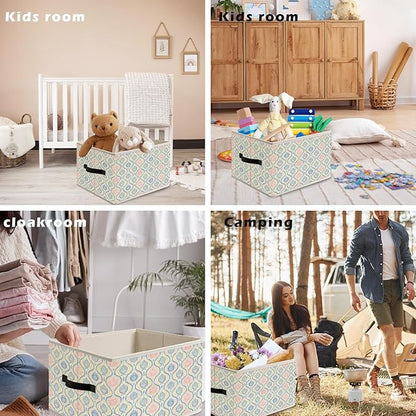 Blue and Pink Preppy Floral Storage Bin Box with Handles, Chinoiserie Grandmillennial Foldable Organizer Basket Toybox for Girls Dorm Bedroom Bathroom Clothes Toys Books
