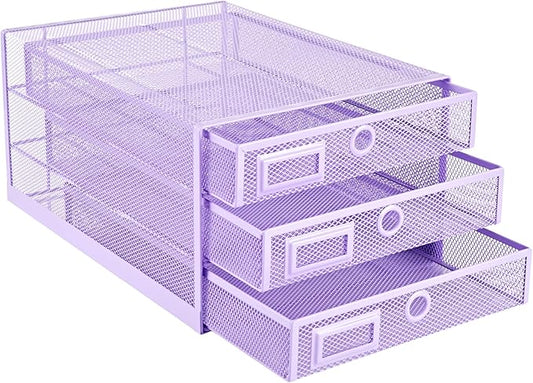 Annova Desk Organizer Wire Mesh 3 Tier Sliding Drawers Paper Sorter/Multifunctional/Premium Solid Construction for Letters, Documents, Mail, Files, Paper, Kids' Art Supplies (Light Pink)