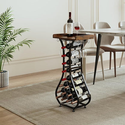 X-cosrack Wine Rack Freestanding Floor, Mini Bar Table Wine Holder Stand Liquor Cabinet with Glass Holder Wood Tabletop 14 Bottles Floor Wine Storage for Home Bar Kitchen Living Room