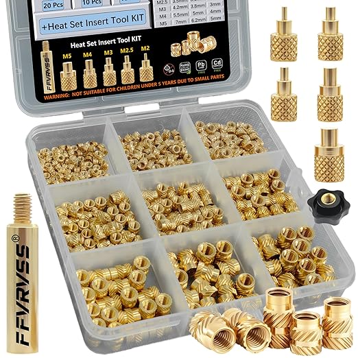 320+6Pcs M2 M2.5 M3 M4 M5 Premium Brass Threaded Inserts, Metric Brass Knurled Nuts Assortment Kit, with Heat Set Insert Tool, for Plastic and 3D Printing Components, All-in-one