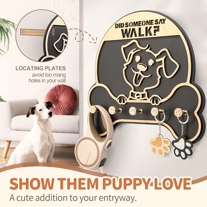 MTERSN Dog Leash Holder for Wall - Decorative Key Organizer and Leash Holder Wall Mount with 5 Dogs Paw Print Hooks for Dogs Leashes,Coat,Toys- Dog Accessories Organizer for Rustic Home Decor