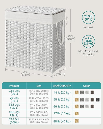 SONGMICS Laundry Hamper with Lid, 110L Clothes Hamper with 2 Removable Liner Bags, 6 Mesh Bags, Wicker Laundry Basket, Double Laundry Hamper for Laundry Room, 13 x 22.4 x 23.6 Inches, White ULCB52WT