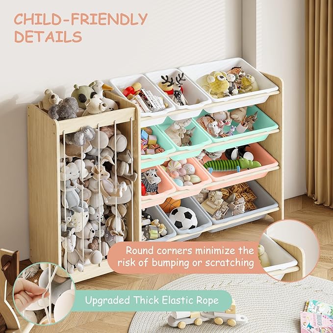 Kids Toy Storage Organizer, 2-in-1 Stuffed Animal Storage & Toy Organizer w/12 Bins, Solid Wood Toy Rack Featuring Thicker Elastic Ropes to Hold Toys, Playroom Nursery Bedroom Storage, Multi