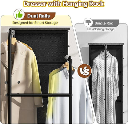 47.3" H Dresser with Hanging Rack, 4 Fabric Drawers with Double Clothes Rack & Wheels, Tall Closet Organizer Dresser for Bedroom, Entryway, Black, 15.8" D x 29.9" W x 47.3" H