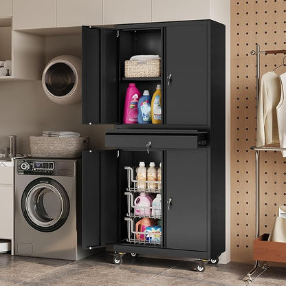 DEVAISE Metal Garage Storage Cabinet with Locking Doors and Drawer,71" Tool Cabinet with Adjustable Shelves & Wheels, 71" Steel Cabinet for Garage, Warehouse (Black)