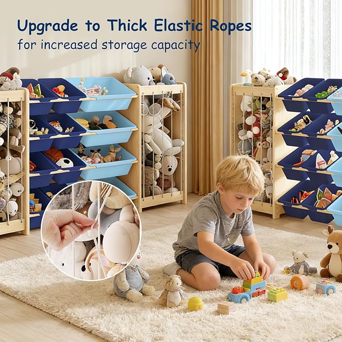 Large Toy Storage Organizer, Wooden Stuffed Animal Storage & 12-Bins Toy Organizer, Double-Sided Plush Toy Holder Featuring Thicker Ropes, Space Save Bedroom Nursery Playroom Storage, Blue