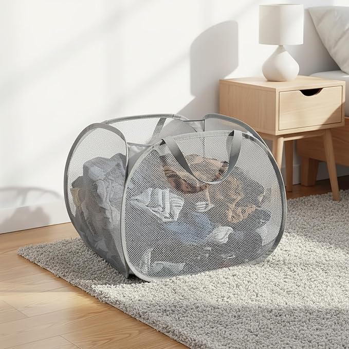 Kimmama Collapsible Mesh Laundry Basket, Foldable Pop Up Laundry Hamper with Side Pocket, Removable Clothes Storage Bin with Handle for Laundry Room, College Drom, Bathroom, Kid Room, Travel, 95L