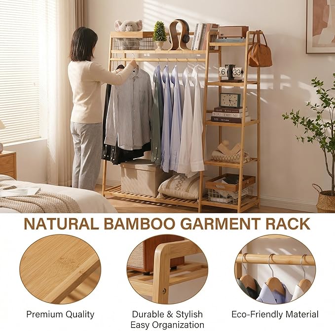 Bamboo Clothing Garment Rack 7 Tier Storage Shelf Coat Clothes Hanging Rack, Portable Wardrobe Closet Organizer With Top Shelf, Shoe Storage Shelves for Bedroom (Natural - 51.18 in)