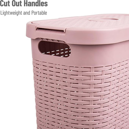 Mind Reader Slim Laundry Hamper with Lid, 40L Clothes Basket, Premium Wicker Design, Plastic, Pink