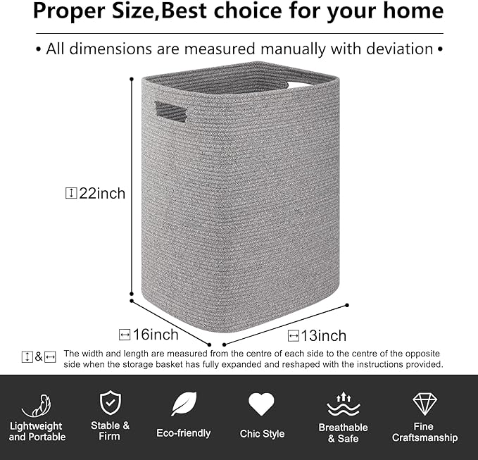 OIAHOMY Laundry Hamper, Laundry Basket，Rectangle Cotton Storage Basket with Handles, Large Blanket Basket for Living room, Woven Decorative Storage for Toys,Clothes,Pillows-16x13x22in-Grey variegated