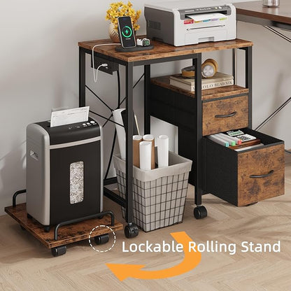 YAOHUOO Printer Stand with Power Outlet/Fabric Drawers, Printer Cabinet with Storage Shelf and Rolling Shredder Stand, Printer Table for Home Office, 22.8"×15" Rustic Brown