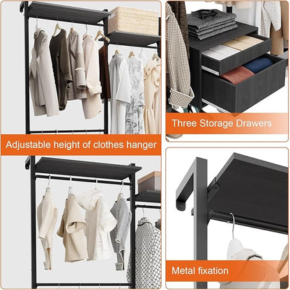 Wall-Mounted Steel & Wood Closet Organizer System with 4 Adjustable Shelves, 5 Hanging Rods, and 2 Drawers – Modern Open Wardrobe, Black