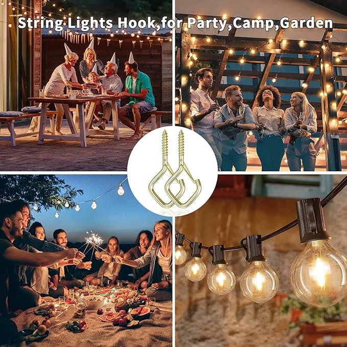 30 Pcs Outdoor Hooks for String Lights,Screw Hooks for Hanging Plants,Ceiling Hooks with Safety Buckle,Square Hanger for Wind Chimes,Bird Feeder,Lanterns,Christmas Decorations Gold