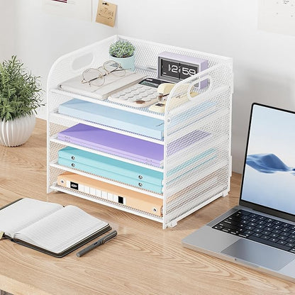 2 Pack 5 Tier Paper Organizer, Letter Tray with Handle, Mesh Desk Organizer, Metal File Organizer, Office Desk Accessories for Home, Office, Classroom, School -White