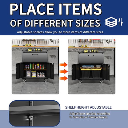 Metal Tool Cabinet,Garage Storage Cabinet System,Wall Cabinet & Locking Rolling Tool Cabinet with Doors and Adjustable Shelves,Steel Tool Cabinets for Home (2 Pcs-StyleE, Black)