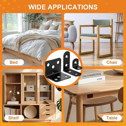 26PCS L Bracket Corner Brace Kit, 3 Sizes Stainless Steel L Brackets for Wood Shelves, 90 Degree Right Angle Bracket, Black Metal Corner Brackets for Furniture Cabinet Drawer Chair (with 88 Screws)