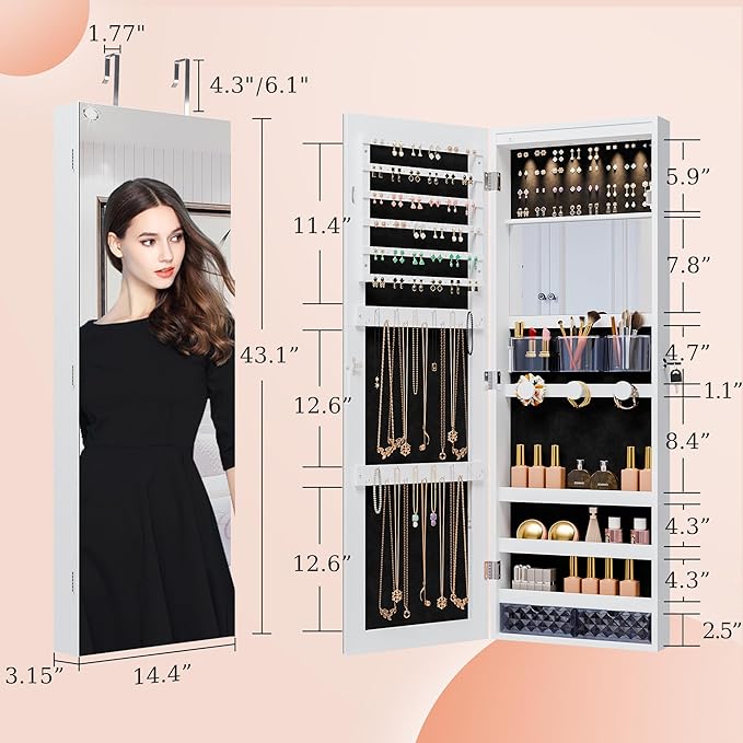 Mirror Jewelry Cabinet,Lockable Wall or Door Mounted Jewelry Armoire Organizer With Built-up Mirror,LED Lights, Drawers,Cosmetic Trays,Shelves, 14.4"x3.15"x 43.1"（White）