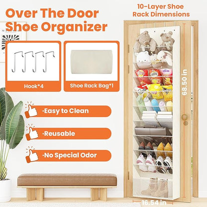 10-Tier Over The Door Organizer, Space Saving Hanging Shoes Organizer and Storage Unit, Organizer for Closet, Bedroom, Entryway, White