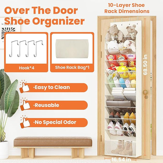 10-Tier Over The Door Organizer, Space Saving Hanging Shoes Organizer and Storage Unit, Organizer for Closet, Bedroom, Entryway, White